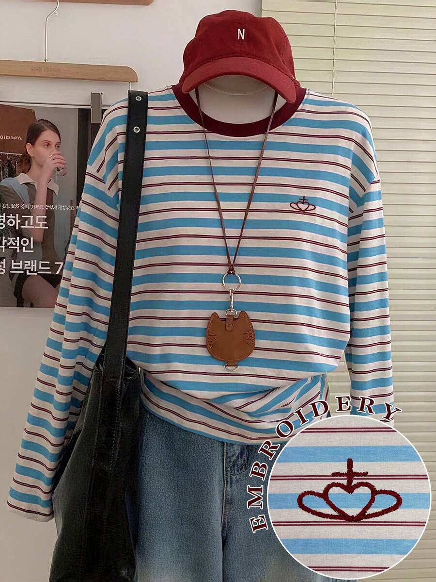 INAWLY Áo thun nữ/Thêu họa tiết trái tim/Thêu thủ công/Phong cách thêu/In họa tiết sọc nhiều màu khổ rộng/Phù hợp cho mùa thu, Áo thun thời trang/Áo thun nữ cổ tròn tay dài họa tiết sọc rộng rãi/Mùa xuân và mùa thu - Nhiều màu - Xem 1