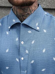 Manfinity CasualCool 男士长袖衬衫，都市通勤单领上衣，修身纽扣领百搭衬衫，适合秋冬季节穿着，复古绅士风格，浅蓝色花卉男士衬衫，蓝白男士衬衫，婴儿蓝衬衫，蓝色图案设计师衬衫 - 藍色 - 查看 5