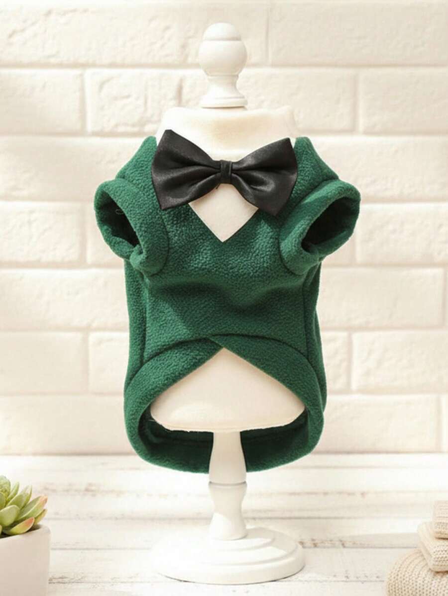PETSIN 1pc Pet Big Dog Golden Hair Autumn And Winter New Clothing Corgi Cat Suit Pet Dress Cat Clothes Dog Supplies, Green Vest Black Bow Tie - Green - View 1