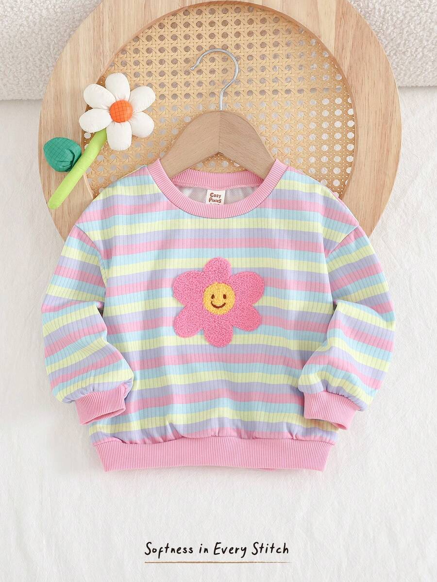 Cozy Pixies 女婴彩色条纹花卉刺绣圆领长袖套头卫衣，舒适、百搭、时尚、可爱、休闲，适合日常穿着