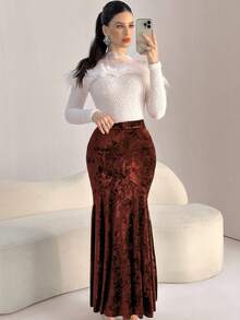 Modelyn 优雅修身喇叭形丝绒半身裙，红色，适合秋冬季外出穿着 - 咖啡棕 - 查看 3
