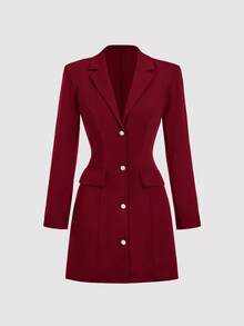 SHEIN MOD Women's Notched Collar Single-Breasted Waist Fitted Office Commute Dress - Burgundy - View 3