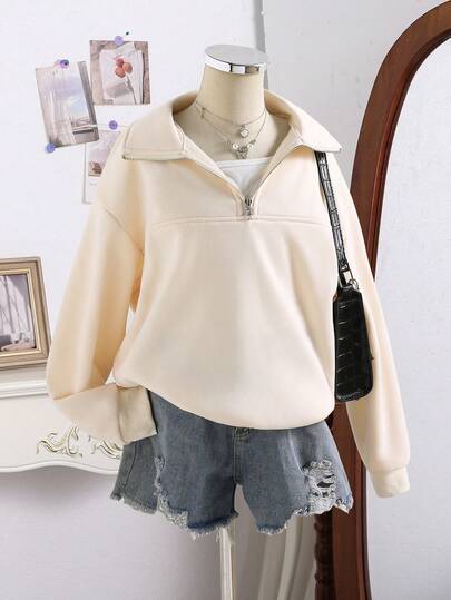 少女纯色落肩长袖拉链休闲宽松卫衣