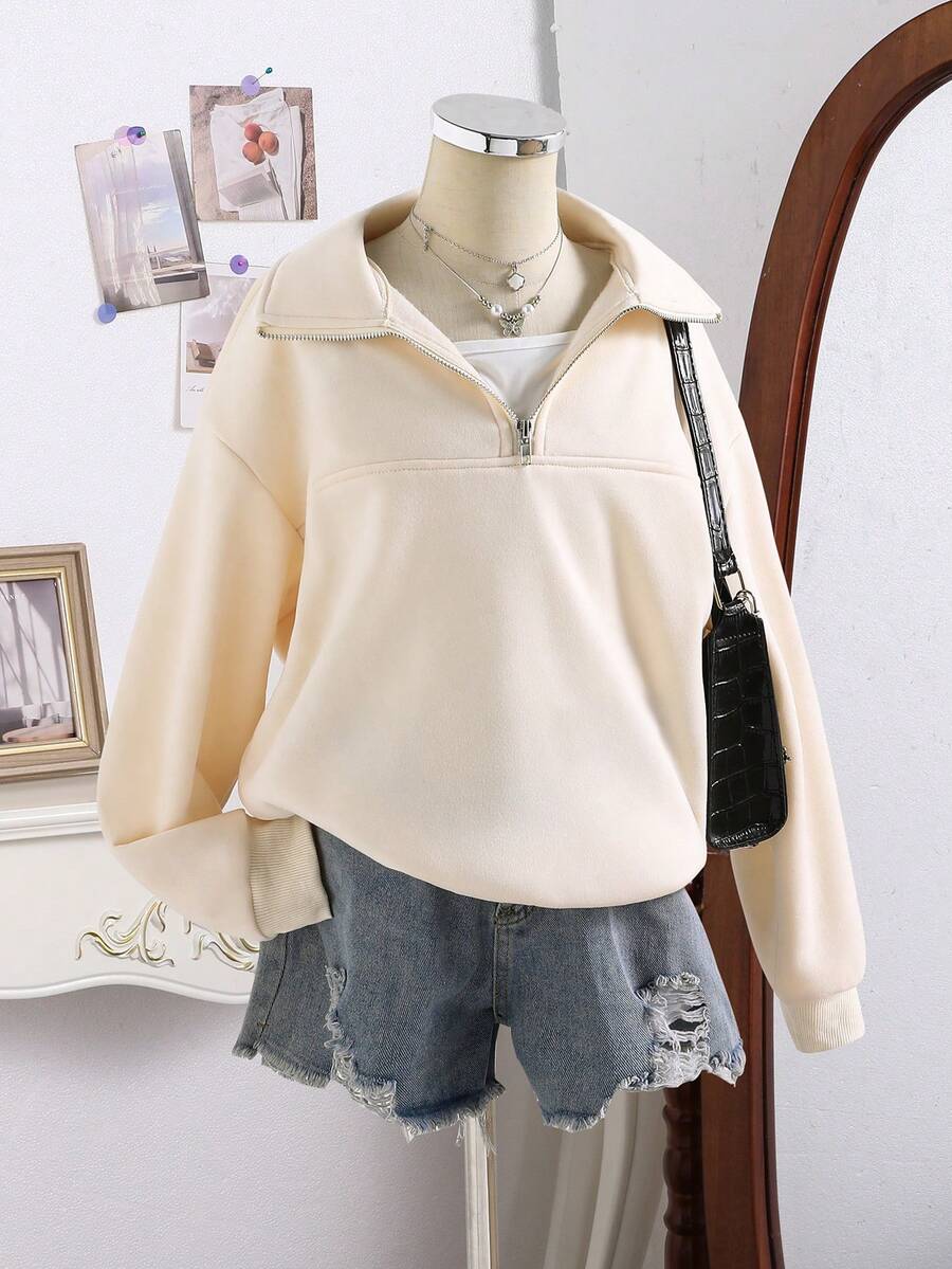 少女纯色落肩长袖拉链休闲宽松卫衣 - 杏色 - 查看 1