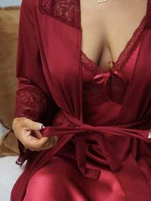 SAYEHFBABY Elegant Satin Lace Long Robe Nightgown Pajama Set For Women, Girl Style - Burgundy - View 3