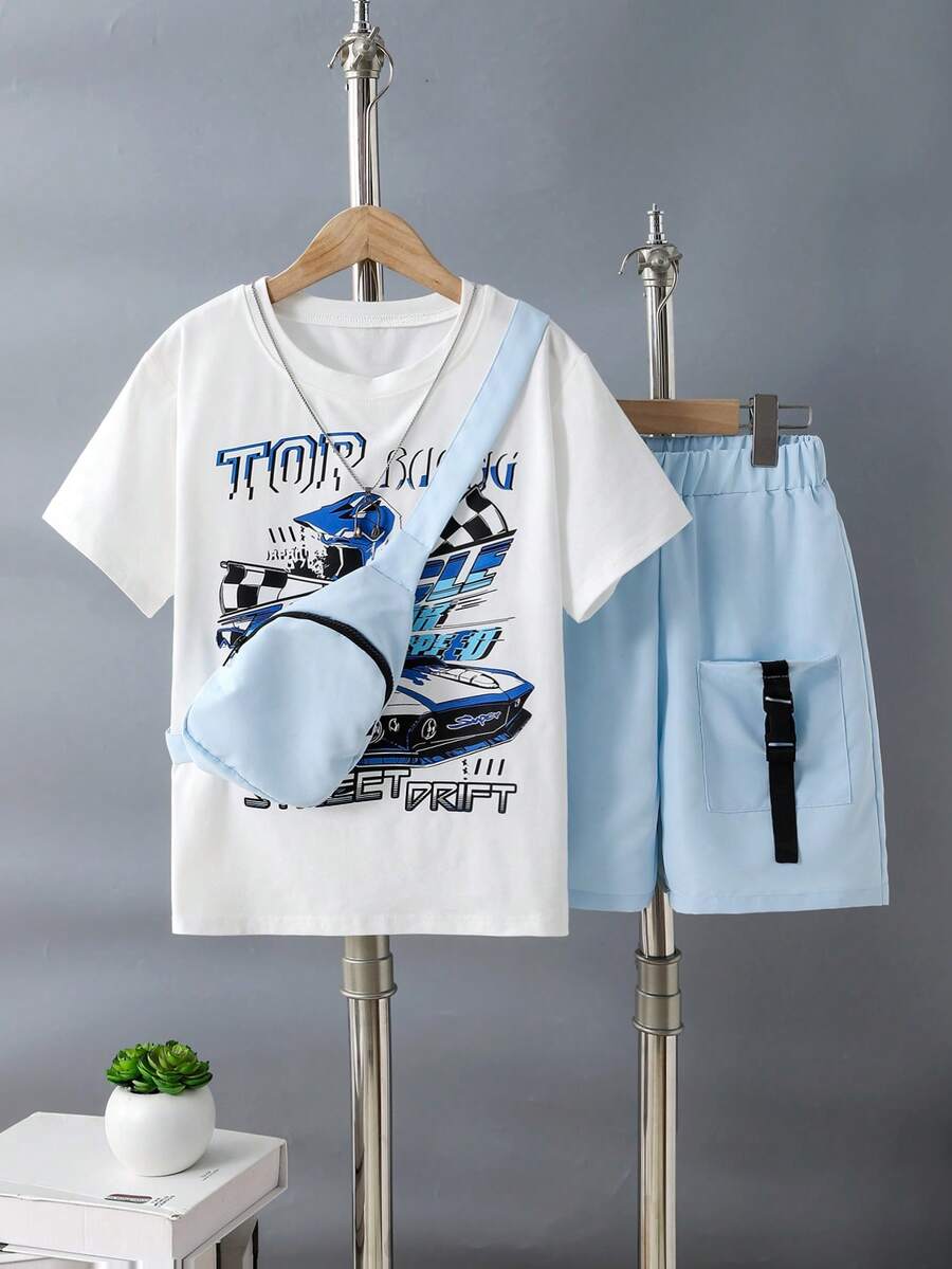 3pcs/Set Boys' Cute Bear Print T-Shirt, Cargo Shorts With Pocket, And Mini Crossbody Bag, Spring/Summer - Baby Blue - View 1