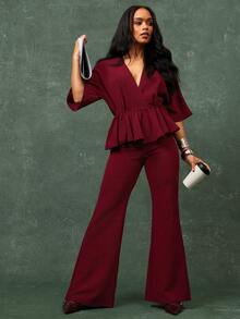 Vixey Burgundy Textured Deep V Neck Wide Wide Quarter Sleeve Peplum Office Top - Burgundy - View 1
