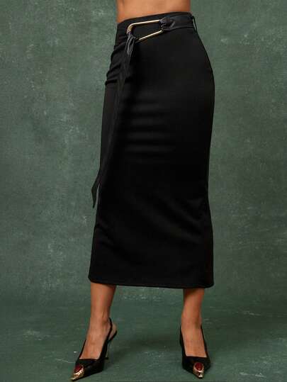 Vixey Textured Jersey Bodycon Midi Skirt With Belt