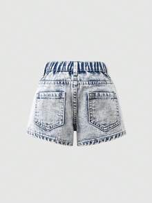 SHEIN 女童串珠牛仔短裤，时尚百搭 - 中等水洗藍 - 查看 10