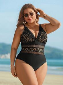 Swim Lushoire 大码优雅蕾丝拼接连体泳衣，性感成熟魅力，适合夏季度假 - 黑色 - 查看 6