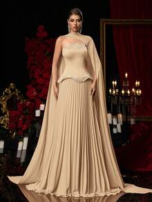 Glamrae 优雅香槟色不对称串珠抹胸长裙，搭配褶裥A字裙摆（可拆卸挂脖），适合约会、度假、派对、婚礼、正式场合等场合。 - 駝色 - 查看 1