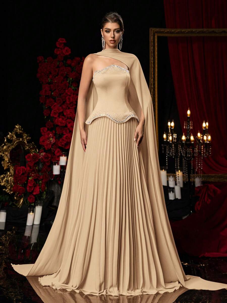 Glamrae 优雅香槟色不对称串珠抹胸长裙，搭配褶裥A字裙摆（可拆卸挂脖），适合约会、度假、派对、婚礼、正式场合等场合。 - 駝色 - 查看 1