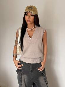 StreetHx V领毛衣背心，休闲女式针织背心 - 卡其色 - 查看 3