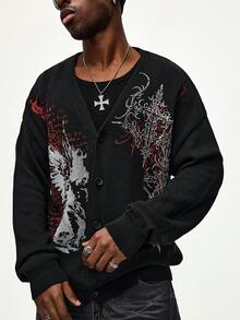 ROMWE MEN Goth Men's Loose Fit Cross Jacquard Drop Shoulder Long Sleeve Casual Knit Cardigan - Black - View 1