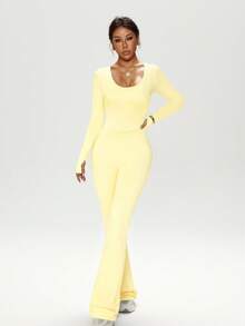 Dewbera Women's Autumn/Winter Jumpsuit, Black Tight-Fitting U-Neck Long Sleeve, Cross Back Strap, Fitted Front Panel, Flared Leg Hem, Suitable For Casual, Running, Yoga, Gym, Tennis And Other Activities - Yellow - View 3