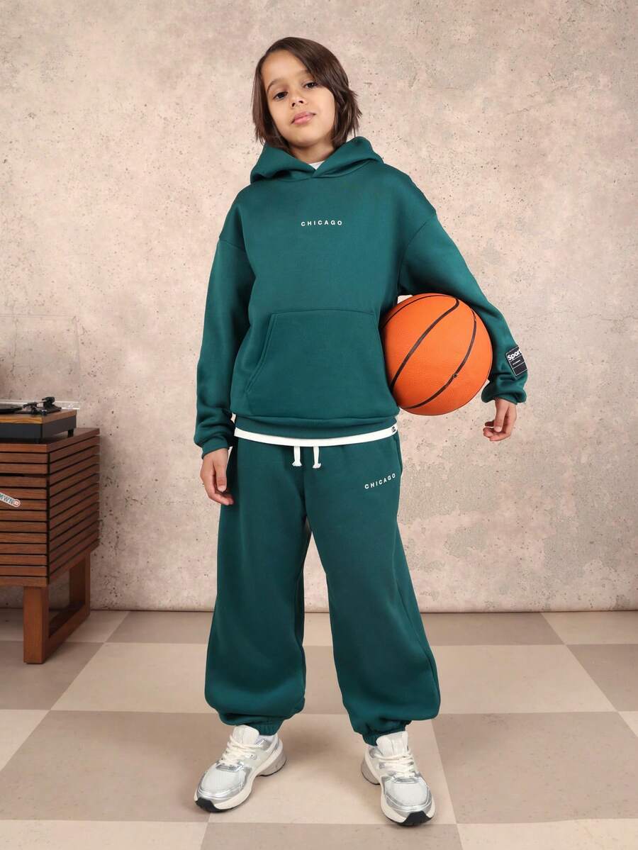 SUMWON Teal Chicago Text Pullover Hoodie And Matching Sweatpants Co-Ord Set With Centre Pocket Elastic Waist Casual Comfort Wear Outfit Vacation - Green - View 1