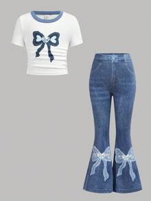 2pcs Young Girl Set: Black Round Neck Knit T-Shirt And Slim Fit Casual Pants,Streetwear Casual Game Day  Back To School - Multicolor - View 3