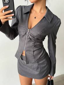 SHEIN MOOSTA Women's Striped Open Front Zip Waist Decor Metal Button Mini A-Line Skirt Suit - Grey - View 6