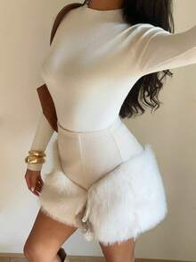 SHEIN Unity Váy ôm sát mini họa tiết lông thú chắp vá phong cách Âu Mỹ gợi cảm dành cho nữ, mùa thu/đông - Màu be - Xem 5