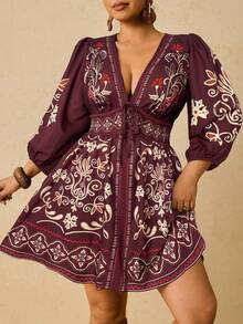 Travachic 大码波西米亚风印花前系蝴蝶结V领长袖短款休闲连衣裙，适合秋季穿着。 - 酒紅色 - 查看 5