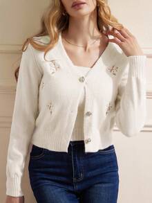 Aveloria Rosie V-Neck Embroidered Camisole Top And Long Sleeve Cardigan Women Sweater Co-Ords - Beige - View 5