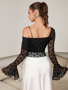 Modelyn Women's Sexy Asymmetric Shoulder Long Sleeve Asymmetrical Cropped Lace Sheer Flare Sleeve Blouse - Black - View 5