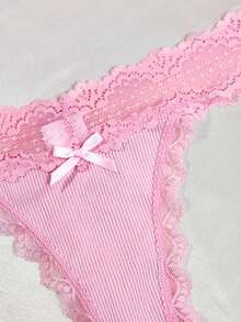Contrast Lace Bow Decor Panty Sexy Lingerie Bow Tie - Dusty Pink - View 3