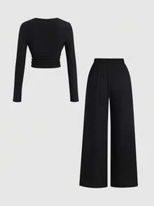 Sweetra Bộ đồ xuân/thu/đông mới cho nữ, thích hợp cho các buổi đi chơi, đi làm, thường ngày, ở nhà, văn phòng, màu trơn, vải nhung gân, hở lưng trang trí, cạp chun có thể điều chỉnh, vải họa tiết, bộ 2 món - màu đen - Xem 2