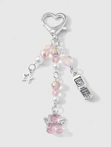 ROMWE Kawaii 1 chiếc móc khóa điện thoại/túi xách phong cách học thuật tối giản tinh tế & dễ thương dành cho nữ, dây bạc đính ngọc trai giả và pha lê hình tròn, ngôi sao, quả dâu tây và nơ hoạt hình, phù hợp để đeo hàng ngày, làm quà tặng ngày lễ Tình nhân. - Màu hồng - 70 - Xem 8