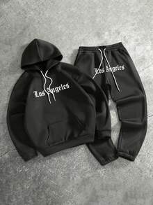 PAVTROS Conjunto casual de dos piezas con capucha y cordón, con impresión de letras, ropa de otoño para hombres - Negro - Ver 1