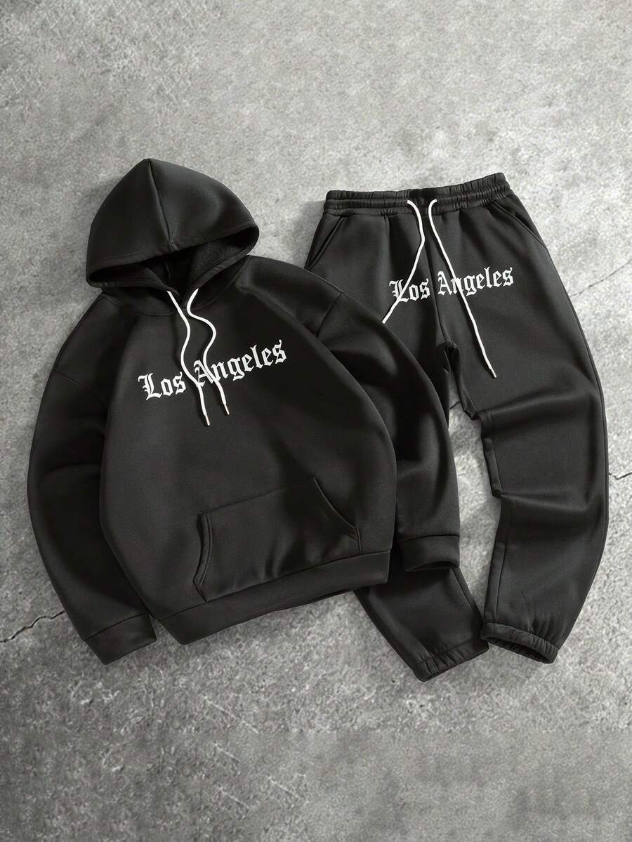 PAVTROS Conjunto casual de dos piezas con capucha y cordón, con impresión de letras, ropa de otoño para hombres - Negro - Ver 1