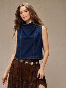 WESTFADE 高领无袖宽松牛仔上衣 - 深色水洗藍 - 查看 4