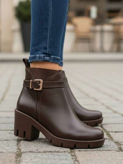 Botines Mujer Tacón Medio Hebilla Modernos Moda Casual Colores Hueso Café Otoño Invierno