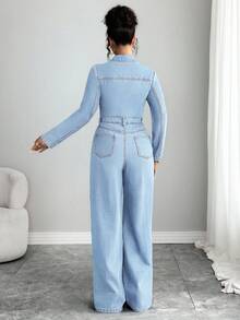 Elenzga 女士休闲优雅牛仔背带裤和连体裤 - 淺色水洗藍 - 查看 2