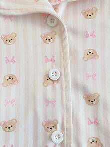 2-częściowy zestaw ubrań domowych dla dziewczynek z uroczym kreskówkowym misiem i kokardką w paski, swobodnym kołnierzykiem, kardiganem z długim rękawem i spodniami - Różowy - Zobacz 6