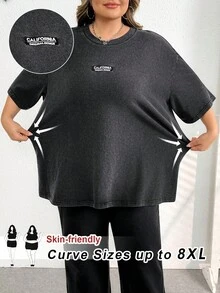 SHEIN CURVE+ Women's Plus Size Round Neck Short Sleeve Loose T-Shirt With Washed Snow Flake And Embroidery - Black - View 8