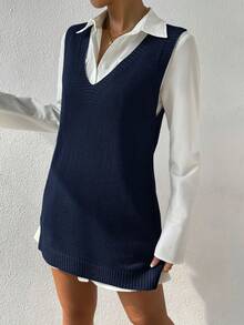SHEIN VCAY 大码深 V 领基本款针织毛衣背心裙。派对、音乐节、家居服、返校活动、送礼和购物。秋季毛衣、毛衣背心、冬装、针织裙 - 藏蓝色 - 查看 5