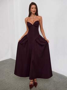 Aloruh 女士秋冬新款不对称胸部连衣裙，公主风伞裙，收腰设计，复古浪漫奢华紫红色连衣裙 - 紫紅色 - 查看 5