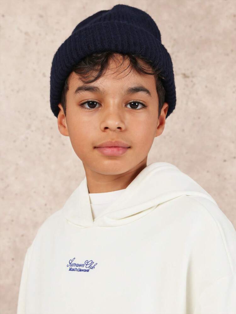 White Basic Pullover Hoodie With Small Logo Print