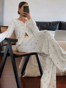 DAZY 碎花长袖长裤女士睡衣套装 - 卡其色 - 查看 3