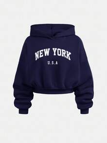 SHEIN Set de 2 piezas de sudadera y pantalón de chándal con estampado de letras de manga larga y cuello redondo para adolescentes - Azul Marino - Ver 9
