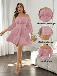 SHEIN LUNE Vestido elegante para mujer de talla grande con hombros descubiertos, tirantes con lazo y borde con volantes - Rosa - Ver 1