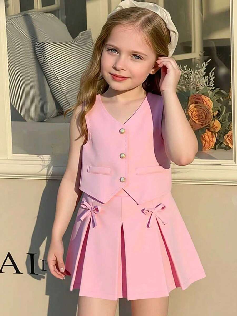 SHEIN Young Girls 2pcs Set: Sleeveless Pearl Button Top + Bowknot Pleated Skirt, Sweet Pink, Elegant Lady Style, Casual Summer Outfit Girls 2pcs Pink Skirt Set Pink Two Piece Set Kids Pink Bow Dress Girls Pink Kids Dress