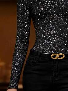 EMERY ROSE Women's Fashionable High Neck Long Sleeve Slim Fit Sequin T-Shirt, Suitable For Daily Wear, Autumn - Black - View 4