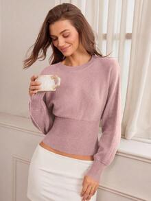 Hanevo Casual Round Neck Drawstring Waist Slim Fit Solid Color Knit Sweater, Versatile For Autumn/Winter - Dusty Pink - View 6