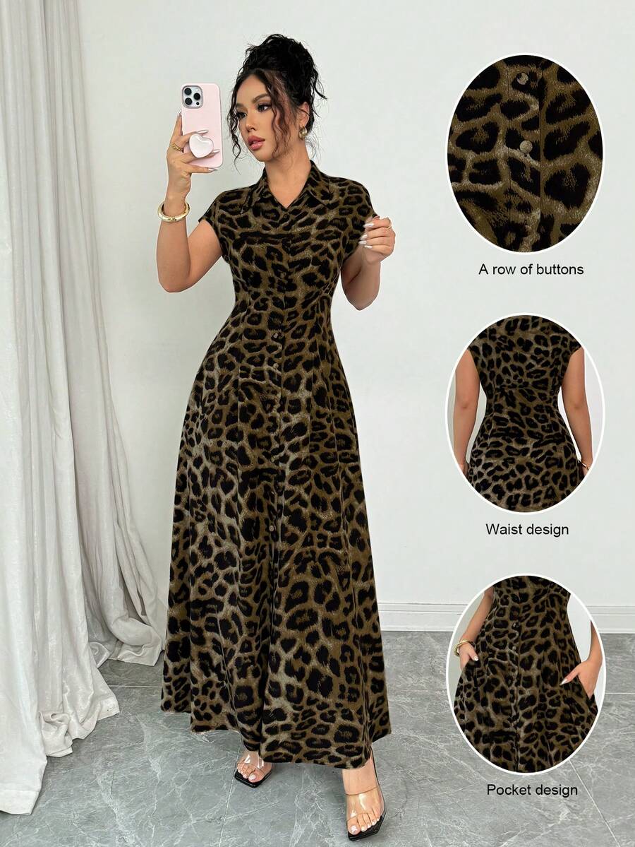 Rafferiza 女士优雅豹纹翻领短袖收腰纽扣连衣裙 - 芥末黃 - 查看 1