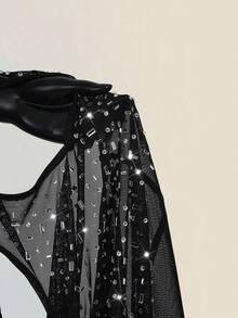 SHEIN ICON 女士杏色深V水钻透视露背迷你连衣裙，性感适合派对和活动 - 黑色 - 查看 8