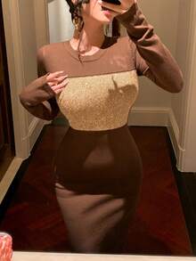 DAZY Vestido de suéter de punto con bloque de color y lentejuelas elegante para mujer, otoño/invierno - Marrón - Ver 4