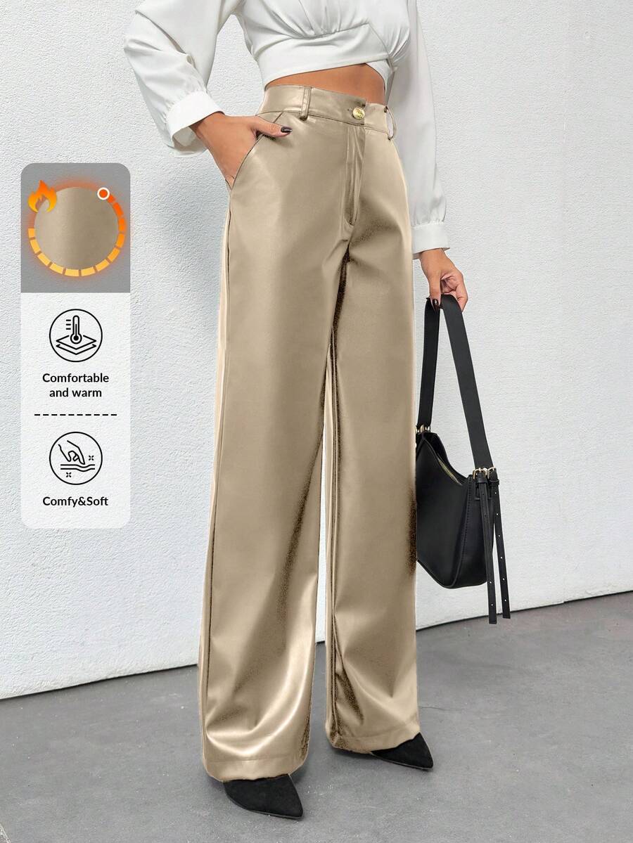 EURMUSE Prive Gold Button Detailed Straight Fit Leather Pants - Beige - View 1
