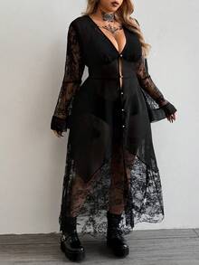 Whyspr Đầm in họa tiết ren chắp vá gợi cảm tay dài cổ chữ V thời trang - màu đen - Xem 4